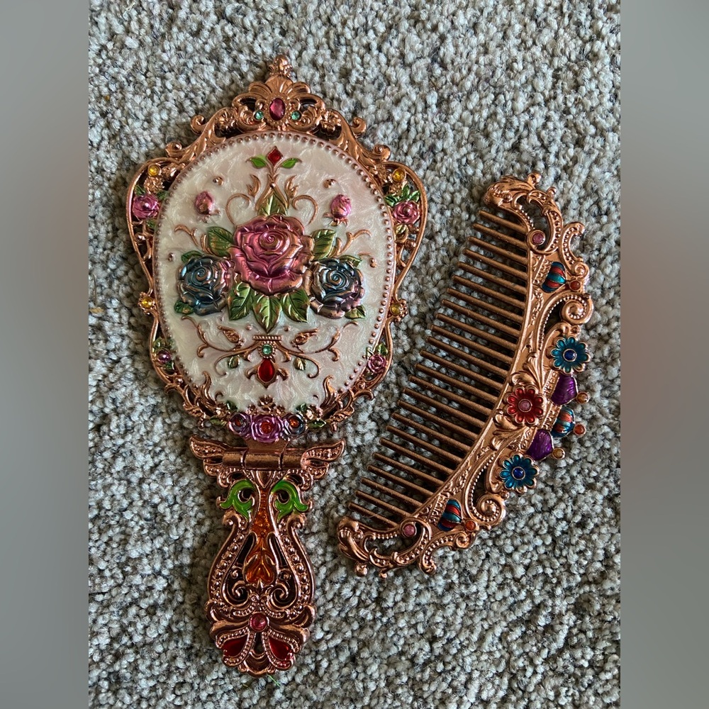 Bronze Metal Handheld Foldable Mirror and Comb Embossed Rose Design Vanity Set